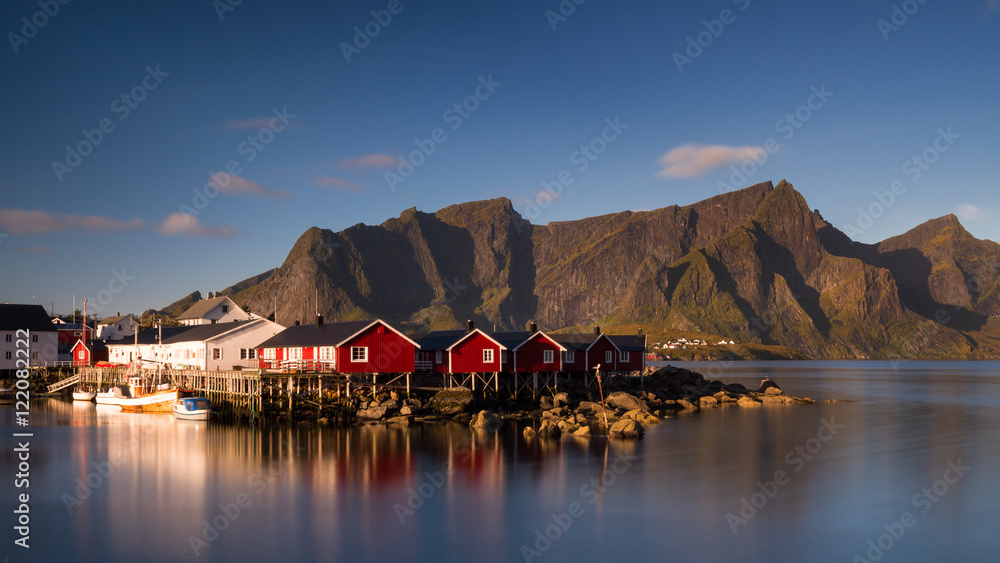 Fototapeta premium Fishing village Hamnoy under a blue sky
