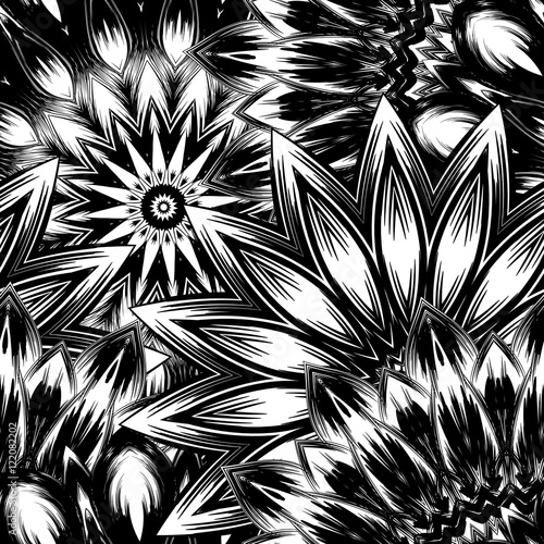 Seamless floral background. Tracery handmade nature ethnic fabric backdrop pattern with flowers. Textile design texture. Decorative binary monochrome black and white art. Vector.