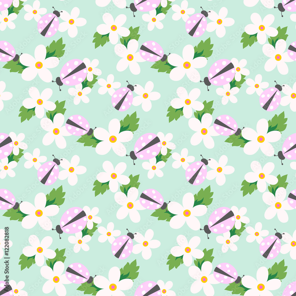 Fototapeta premium Small flower vector with ladybug. Cute white floral seamless pattern. Floral background. 