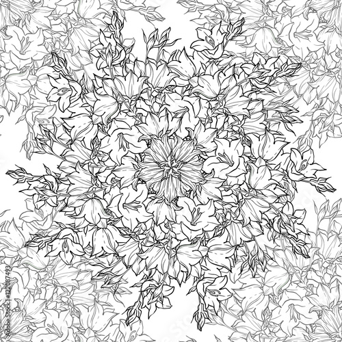 Seamless pattern with hand drawn bellflowers.