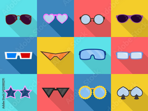 Glasses icons set. Sunglasses and medical glasses. glasses of different shapes flat design