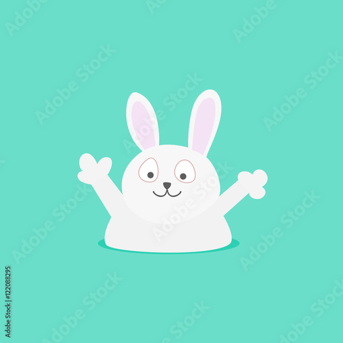 rabbit in burrow. thick rabbit got out of the hole. Funny Bunny waving hands. easter rabbit