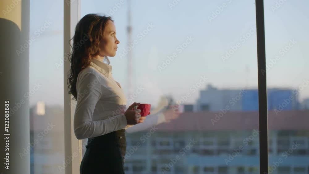 Young beautiful business woman drinking coffee standing by panoramic window in european modern office Young beautiful business woman drinking coffee standing by panoramic window in european modern office