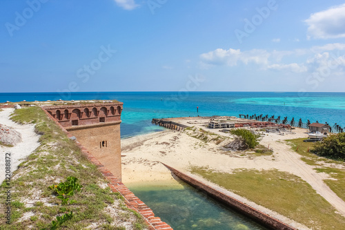 Aerial view of the North Coaling Dock Ruins of Fort Jefferson in Dry Tortugas National Park, on the Caribbean sea of the Gulf of Mexico.