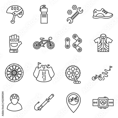 Cycle sport icons set. cycling collection Illustrations. thin line design. illustrations bike parts and paraphernalia for cycling.