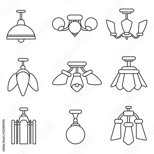 chandelier icons set. lamp collection. Thin line design