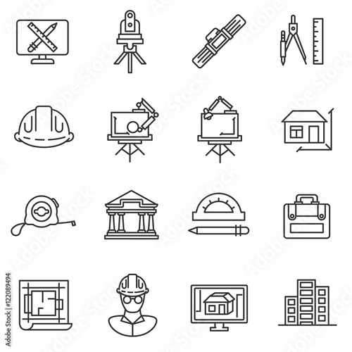 architect icons set. design houses and construction of buildings collection. Thin line design