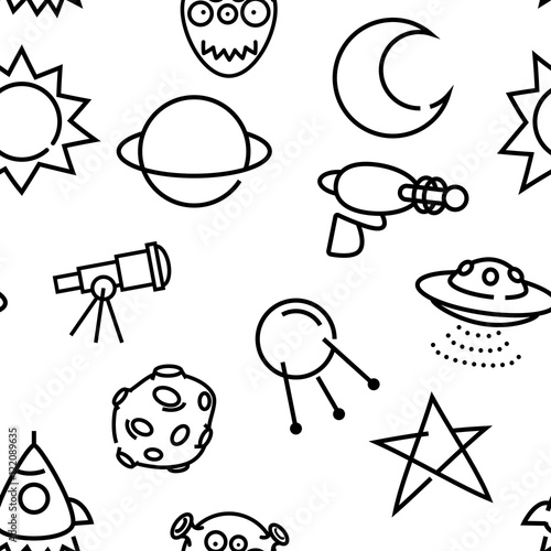 Vector seamless pattern with cartoon baby styled space pictograms. 