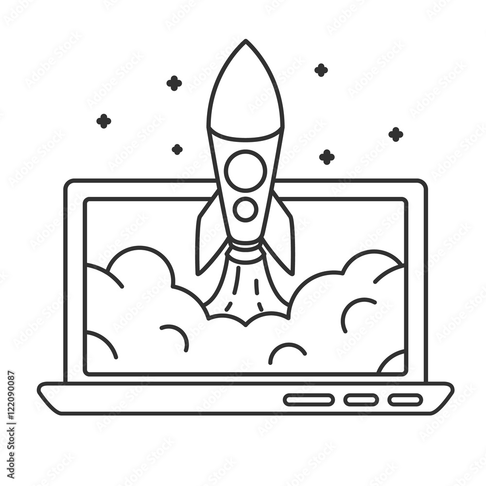 Business start up. Rocket flying out of laptop screen. Thin line vector illustration Business start up. Rocket flying out of laptop screen. Thin line vector illustration