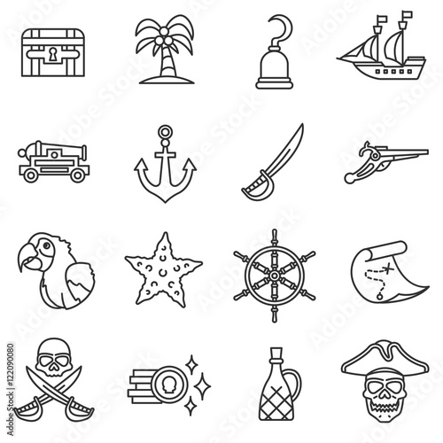 Piracy icons set. old maritime piracy collection. Thin line design