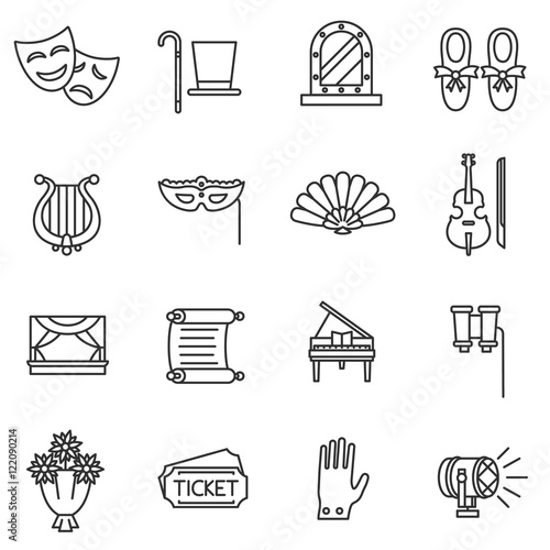 Theater linear icons. Theatre collection of isolated symbols