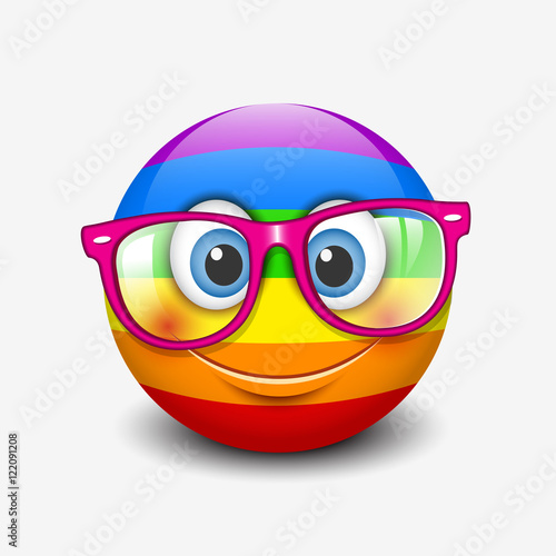 Cute smiling rainbow emoticon wearing pink eyeglasses, emoji, smiley 