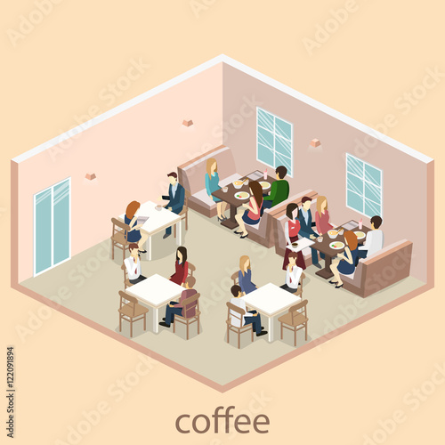 Isometric interior of cafe shop. flat 3D isometric design interior cafe or restaurant. People sit at tables and eat.