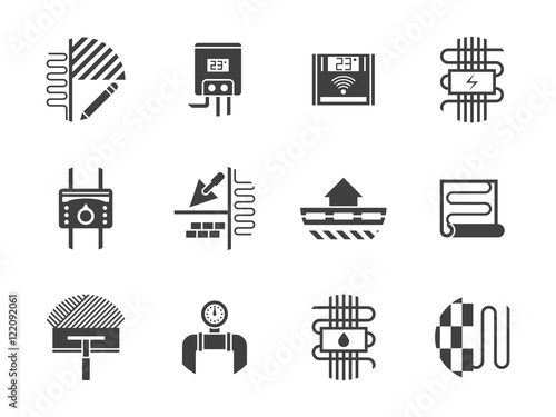 Floor heating black monochrome vector icons set