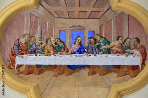 La cène. Dernier repas de Jésus avec les apôtres. Eglise Saint-Nicolas de Véroce..