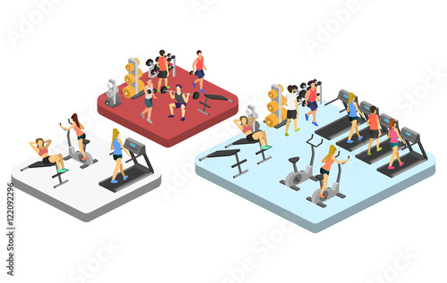 Isometric interior of gym. People involved in sports