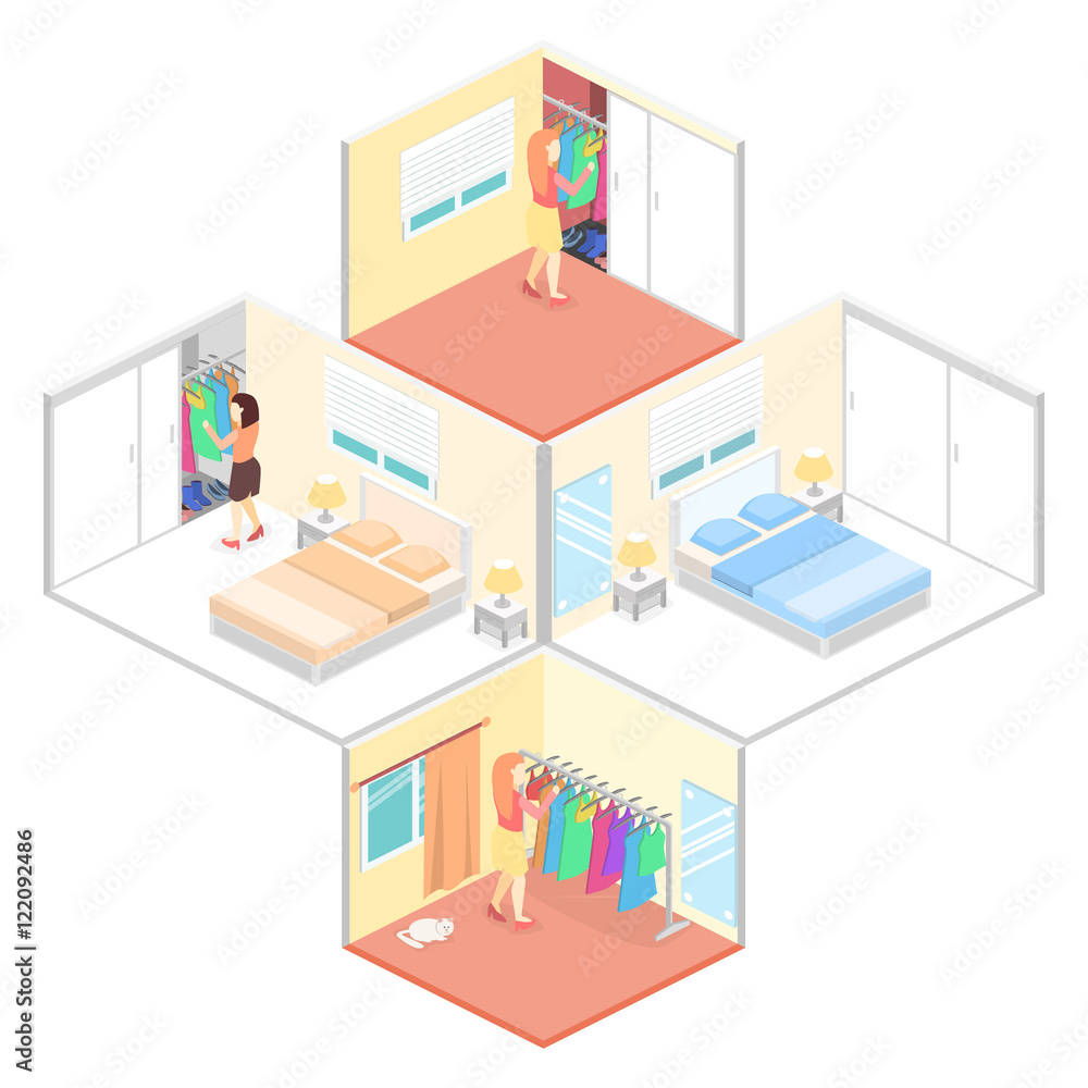 Girl chooses clothes in isometric room. Flat 3D illustration. Girl chooses clothes in isometric room. Flat 3D illustration.