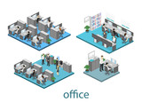 Flat 3d isometric abstract office floor interior departments concept. illustration of office