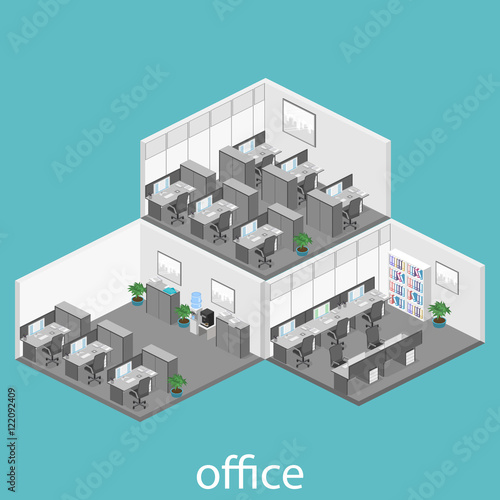 Flat 3d isometric abstract office floor interior departments concept. interior of room