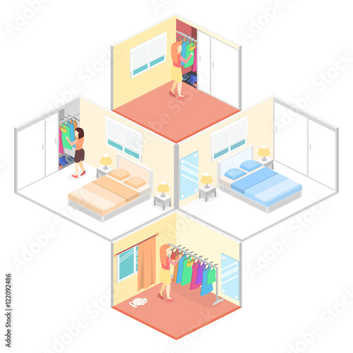Girl chooses clothes in isometric room. Flat 3D illustration.