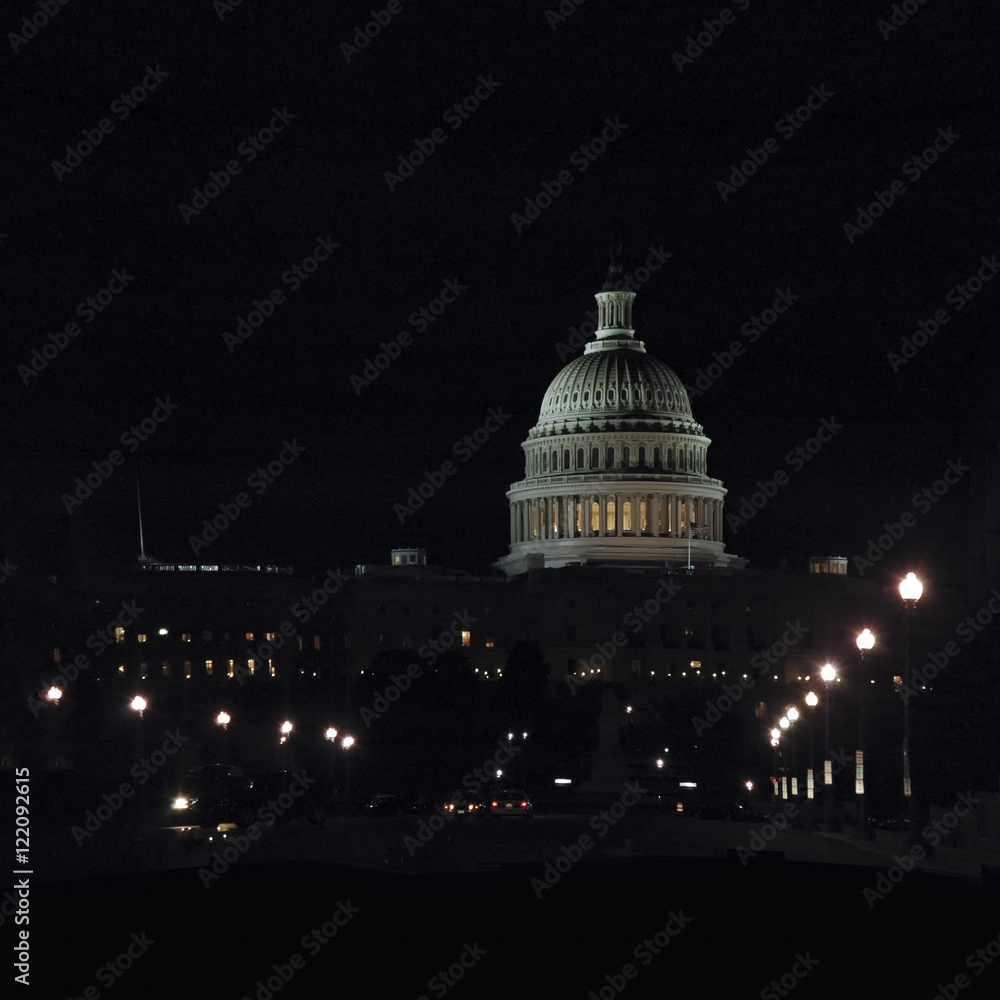 The US Capitol lit up at night Washington DC USA