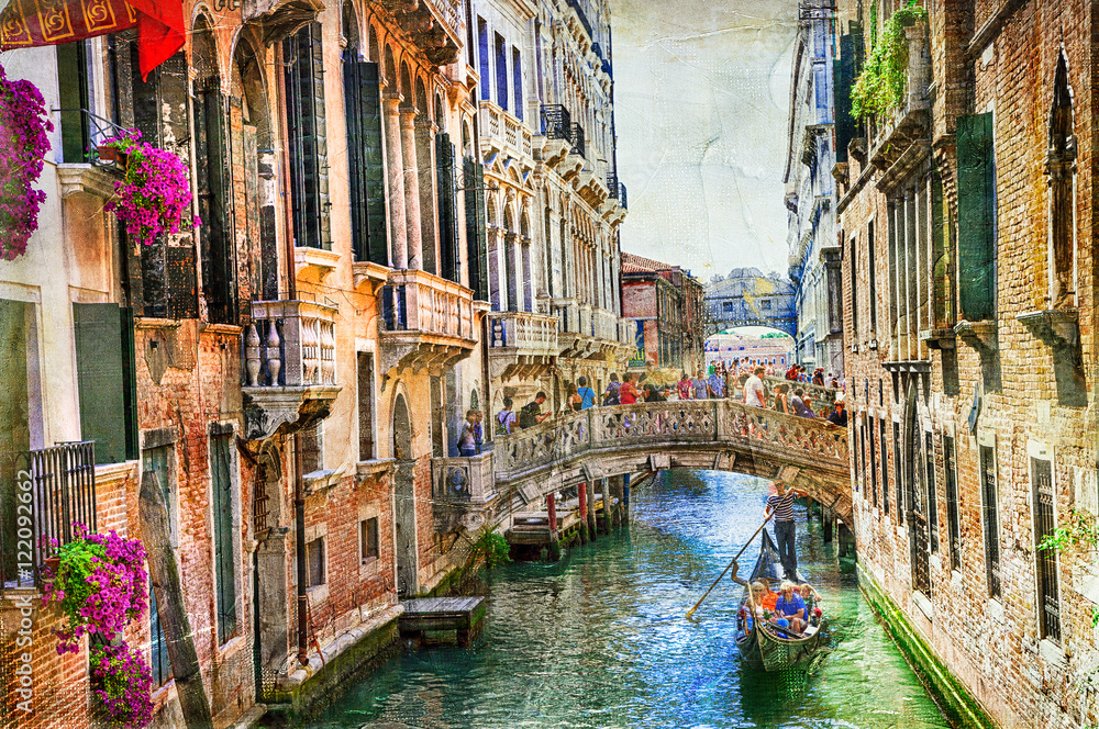 Obraz premium Romantyczna Wenecja - kanały i gondole. grafika w stylu malarstwa
