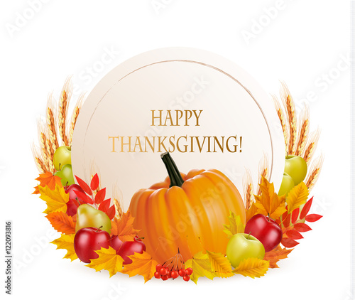 Happy Thanksgiving background with colorful autumn leaves and fr