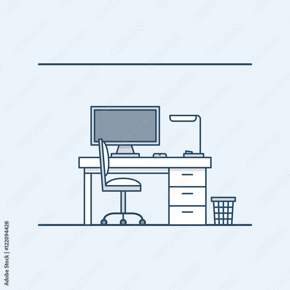 Modern interior design workplace in the home or office. The computer and desk lamp. chair and wastebasket. Vector illustration in linear style, isolated on gray background. Modern interior design workplace in the home or office. The computer and desk lamp. chair and wastebasket. Vector illustration in linear style, isolated on gray background.