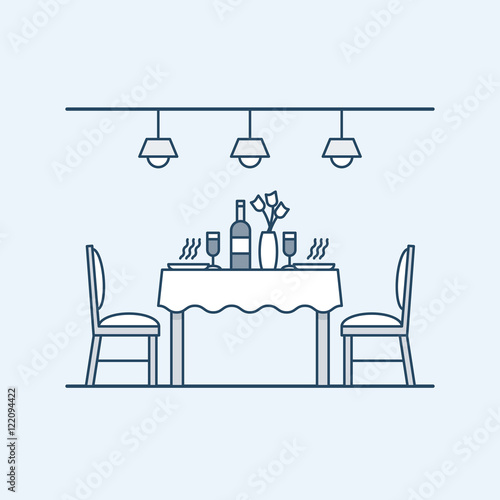 Modern interior dining room with table and chairs and served with two people. Bottle of wine and glasses. The lighting on the ceiling. Vector illustration in linear style, isolated on gray background.