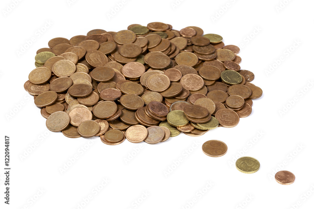 Thinking in cash. Shape of think cloud made of eurocent coins of different values, on white Thinking in cash. Shape of think cloud made of eurocent coins of different values, on white