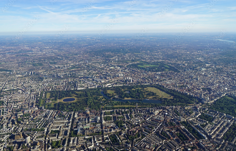 Aerial view of Central London and Hyde Park from an airplane window