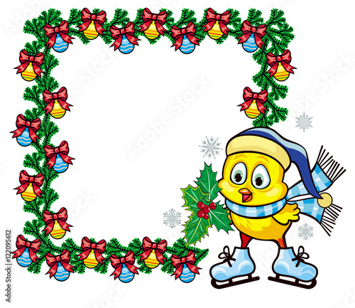 Vector frame with cute chicken in funny hat ice skating. Winter holiday illustration with Christmas tree.