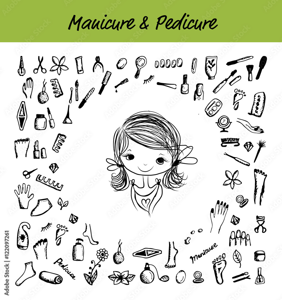 Manicure and pedicure set, sketch for your design Manicure and pedicure set, sketch for your design