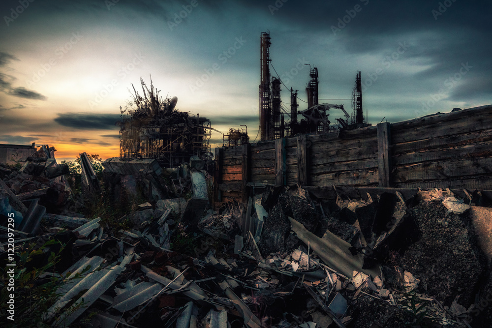 The world after nuclear war.Destroyed by the war remains of buildings at sunset