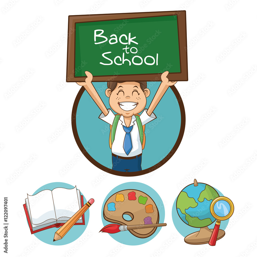 Boy cartoon student with supplies. Back to school education and childhood theme. Colorful design. Vector illustration Stock Vector | Adobe Stock Boy cartoon student with supplies. Back to school education and childhood theme. Colorful design. Vector illustration Stock Vector | Adobe Stock