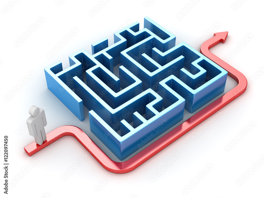 Red path with man and maze Red path with man and maze