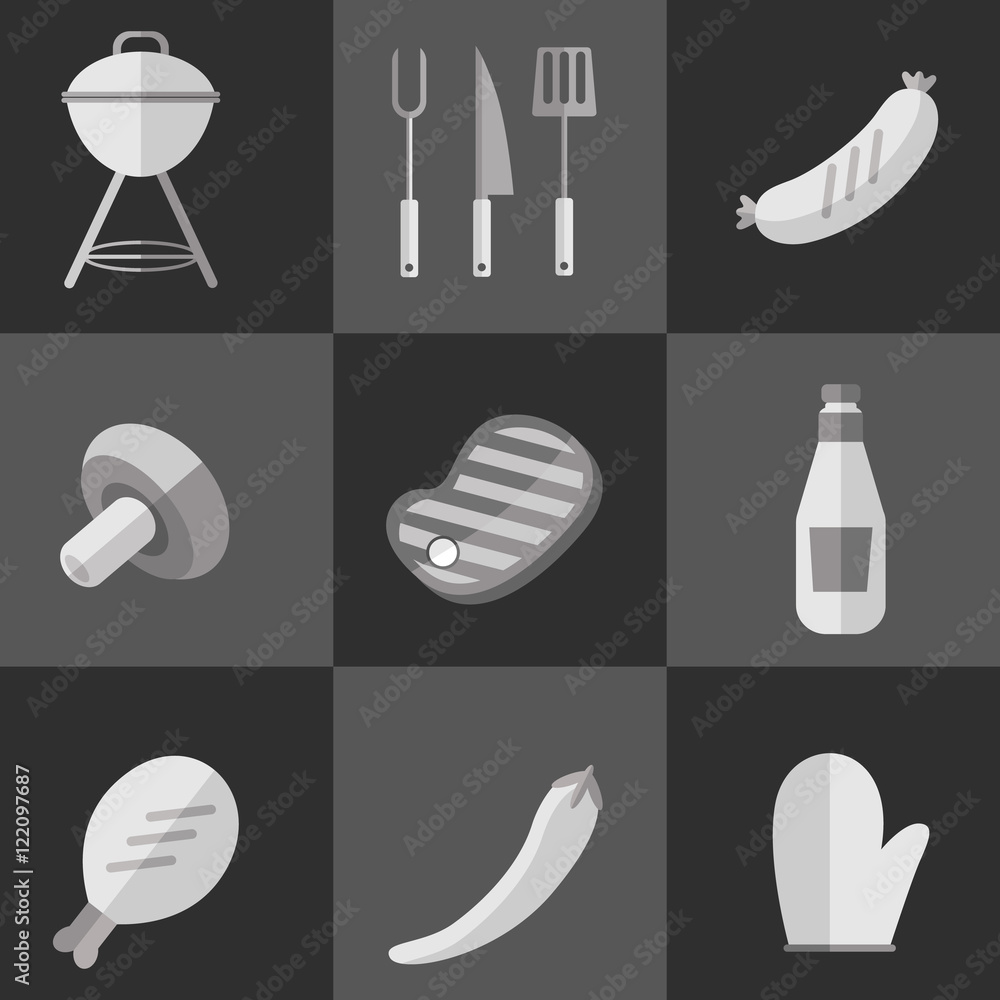 BBQ vector illustration. Barbecue grill black and white icons set ...
