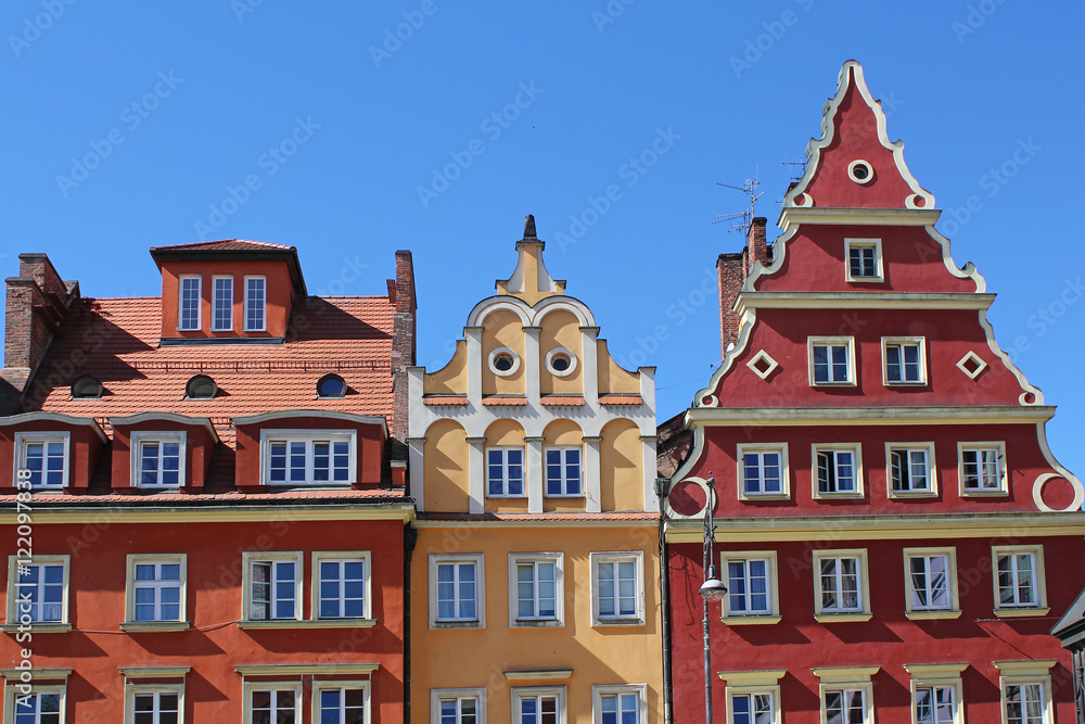 Architecture of Wroclaw, Poland, Europe. City centre, Colorful, historical Market square tenements.Lower Silesia, Europe.