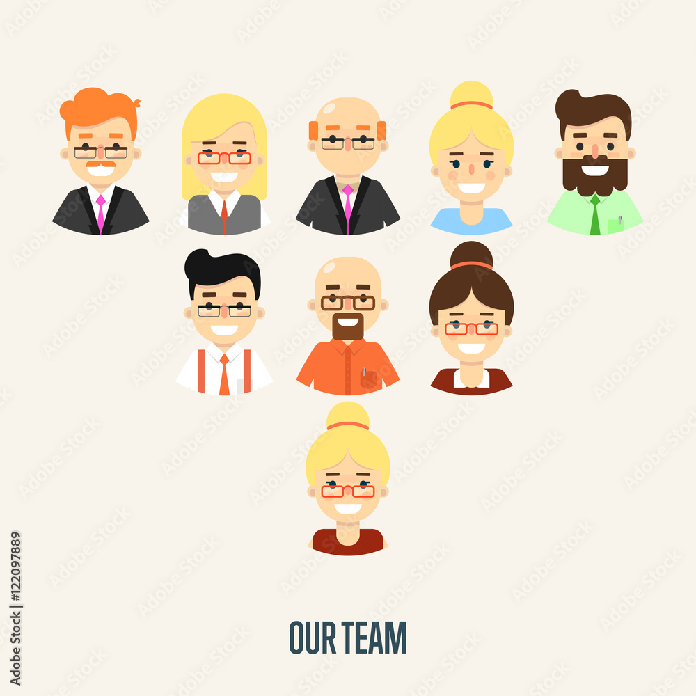 Group of smiling male and female faces avatars on white background. Our team banner, vector illustration. Teamwork and business team concept. Corporate hierarchy. Human resource management Group of smiling male and female faces avatars on white background. Our team banner, vector illustration. Teamwork and business team concept. Corporate hierarchy. Human resource management