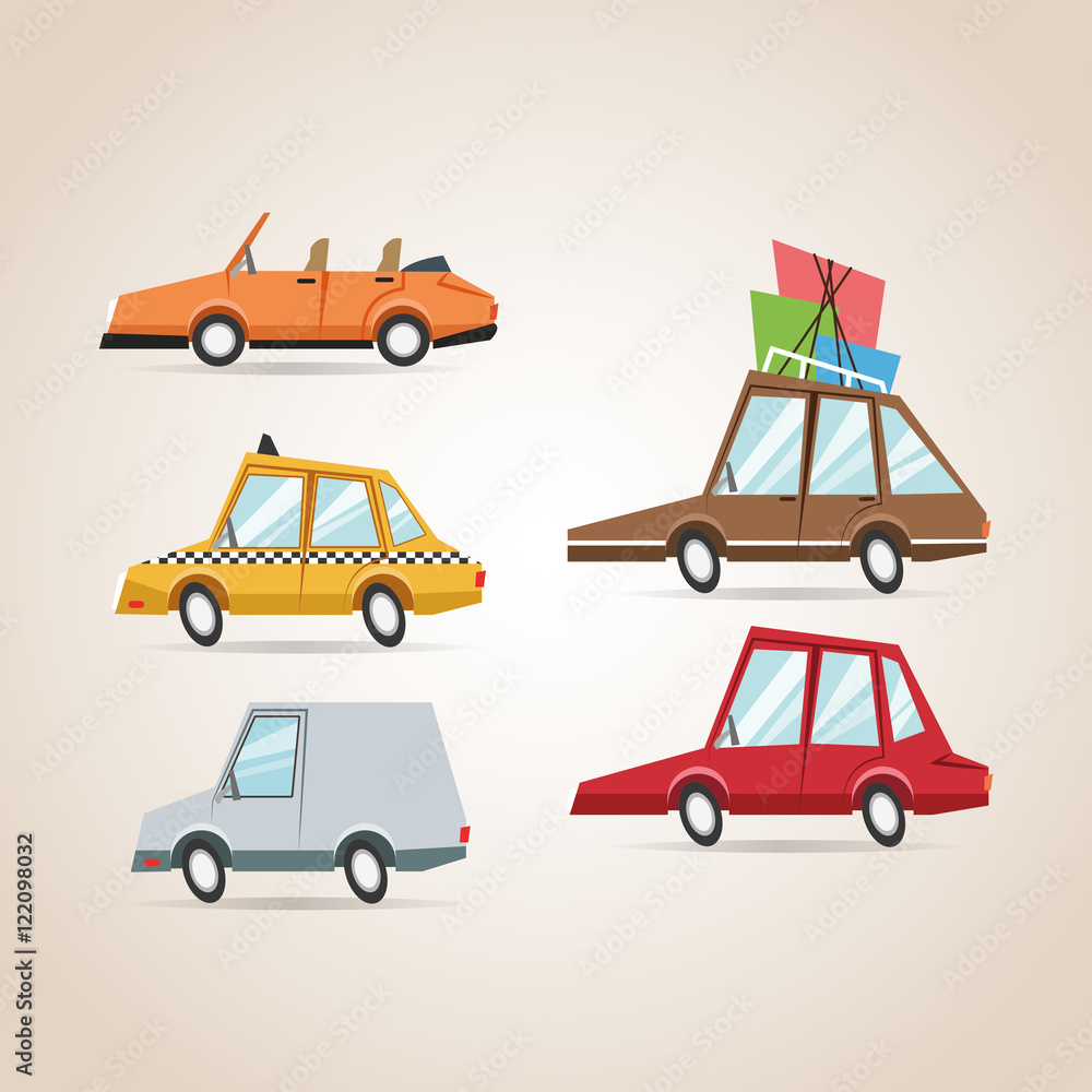 Naklejka premium Cars cartoons icon set. Transportation automobiles and travel theme. Colorful design. Vector illustration
