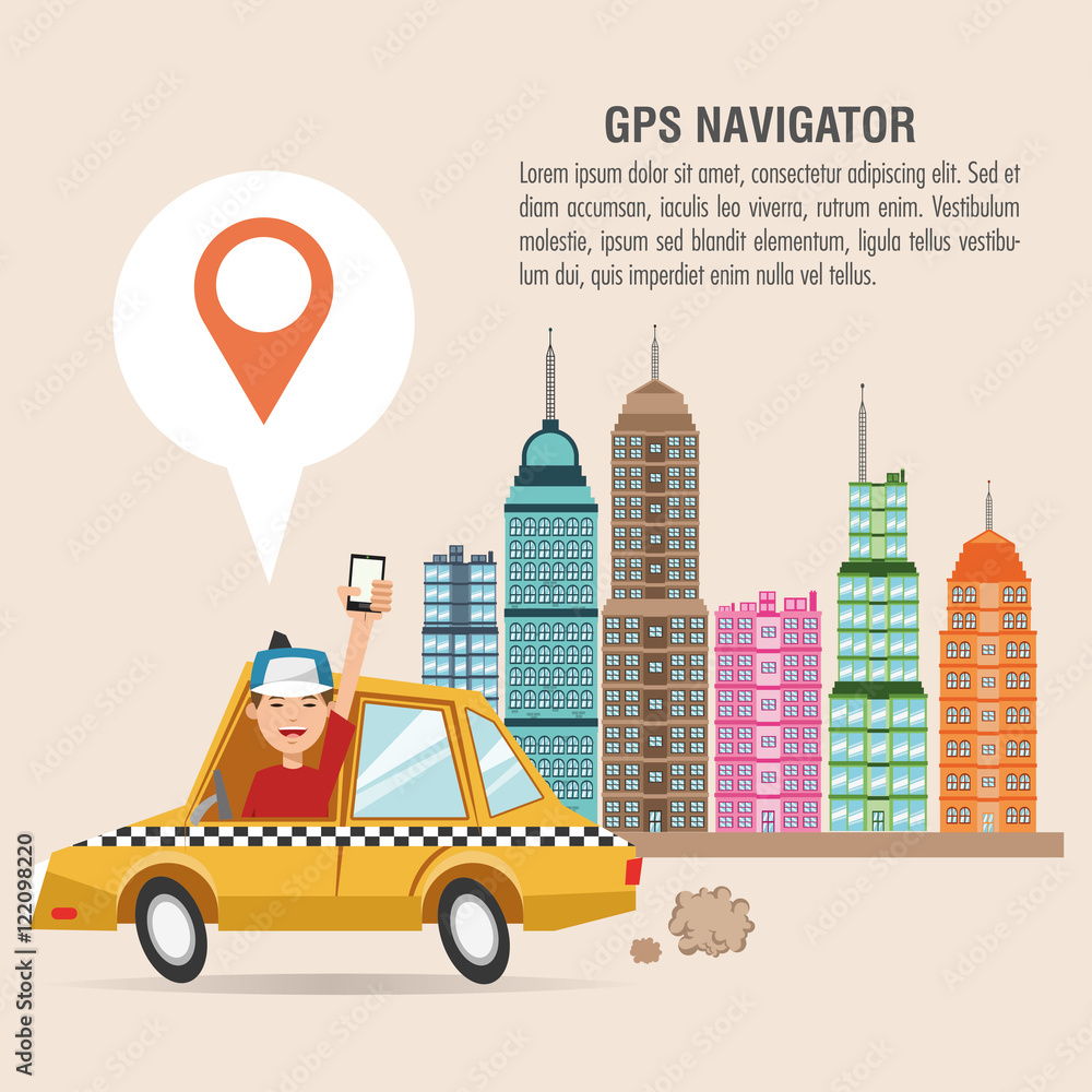 Cartoon man taxi city and smartphone. Gps navigator location travel and route heme. Colorful design. Vector illustration