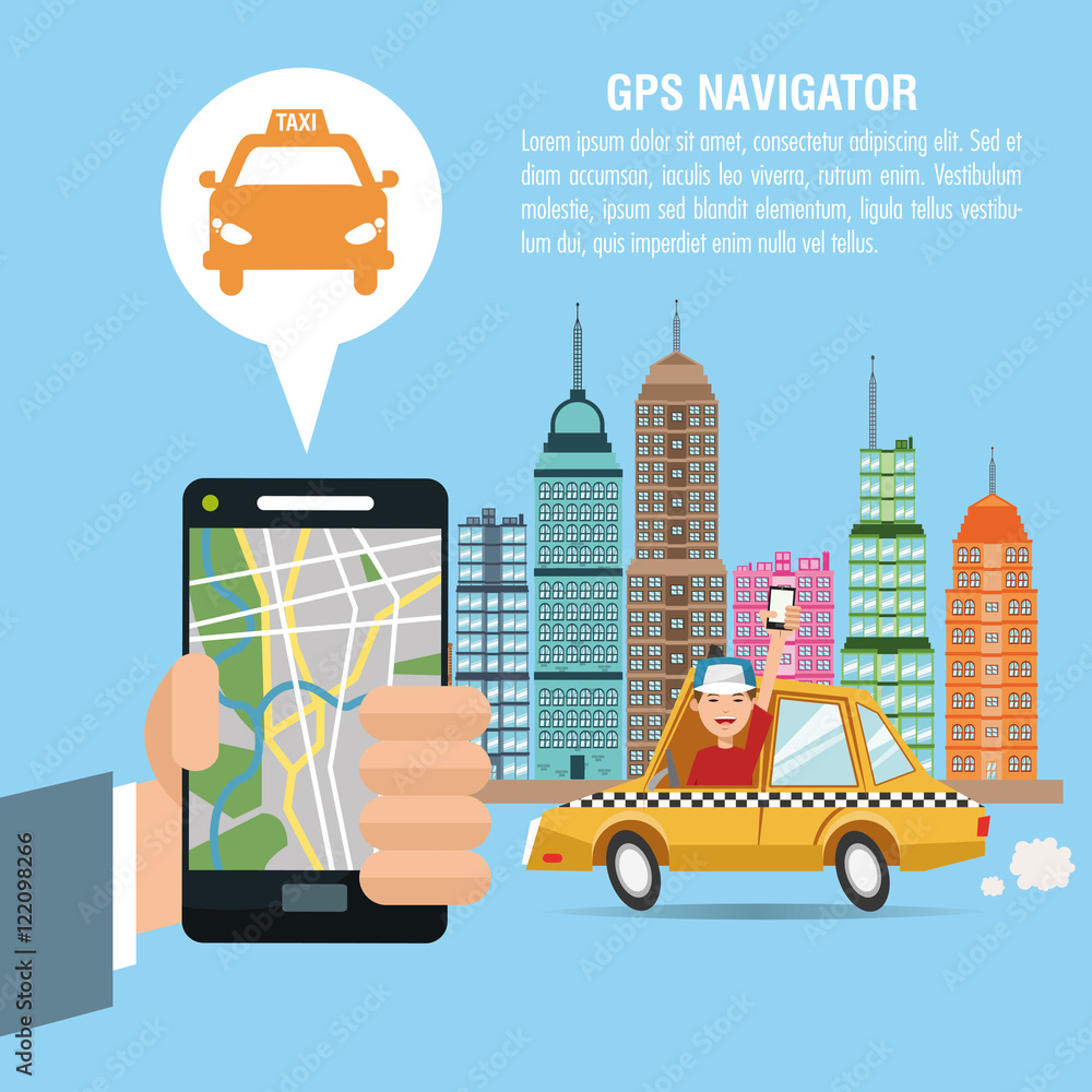 Cartoon man hand city taxi and smartphone. Gps navigator location travel and route heme. Colorful design. Vector illustration