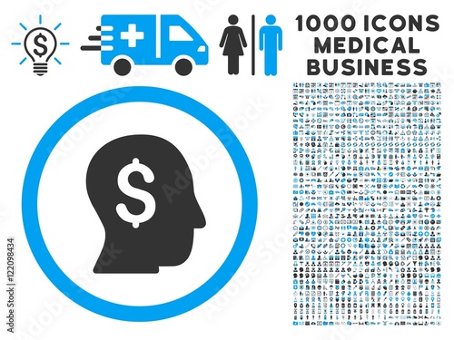 Businessman icon with 1000 medical commerce gray and blue vector pictograms. Design style is flat bicolor symbols, white background.