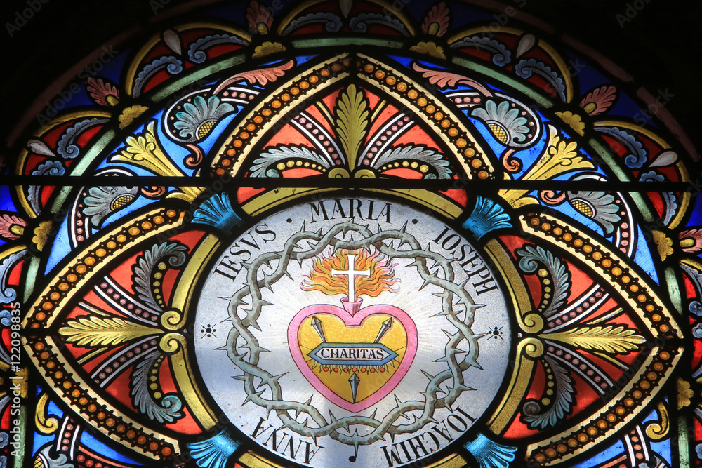 La Charité. Vitrail. Notre-Dame de la Salette>. / The charity. Stained glass window. Shrine of Our Lady of la Salette.