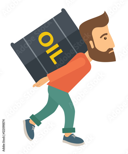 Businessman carrying barrel of oil. 