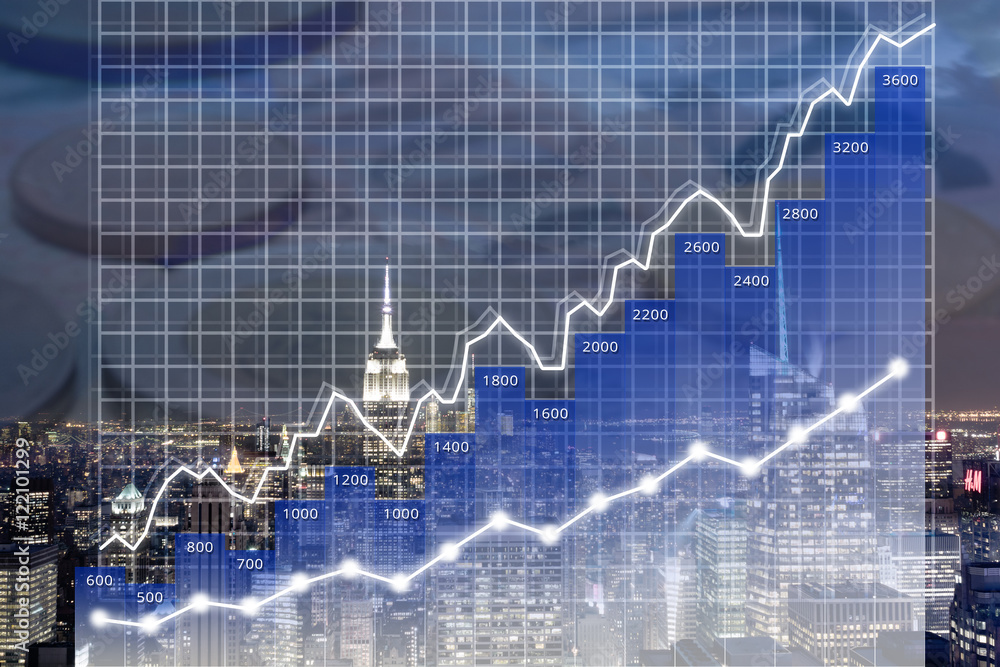 Modern Business/Finance Chart Overlaid on International Currency and Manhattan Skyline at Night Modern Business/Finance Chart Overlaid on International Currency and Manhattan Skyline at Night