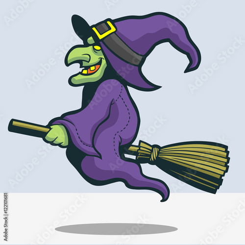 Cute witch riding broomstic cartoon photo