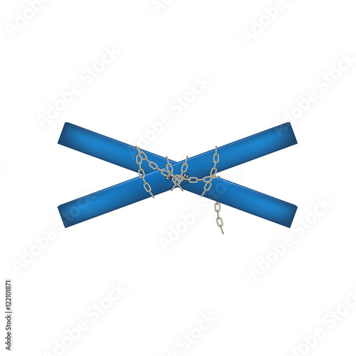Wooden crossbar in blue design connected by chain