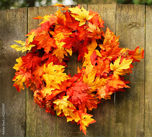 Autumn Maple Wreath on Wooden Fence