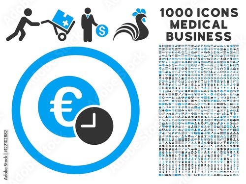 Euro Credit icon with 1000 medical commerce gray and blue vector pictographs. Set style is flat bicolor symbols, white background.